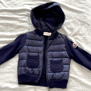 Moncler Blue Puffer Jacket with Hood and Quilted Panels